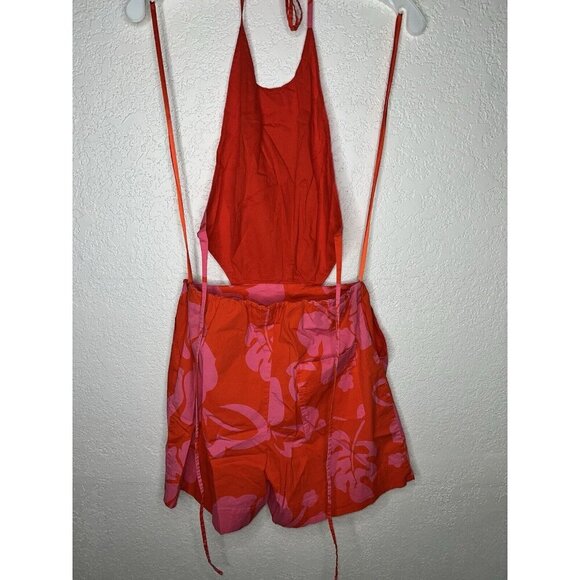 Staud Red Pink Tropical Hawaiian Floral Halter Open Back Romper Womens US 0 (W) - Picture 5 of 6